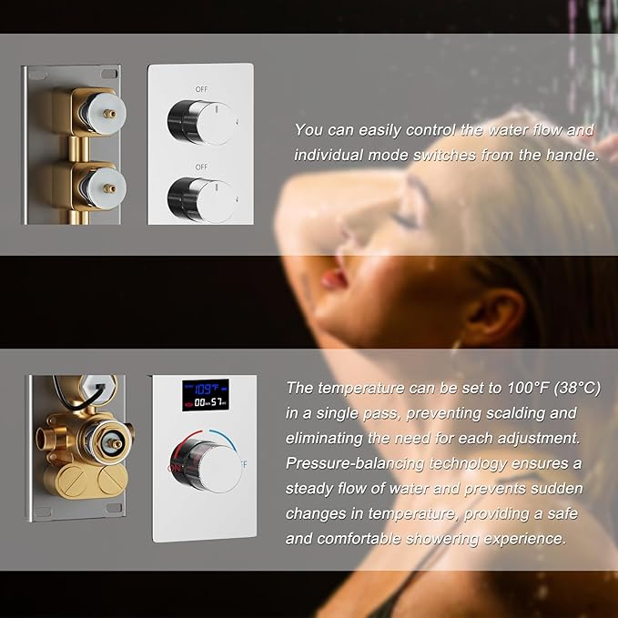 Concealed Mount Brass Shower Valve, Digital Temperature Display, Flow Control Mixing Valve, 2 Function, Chrome