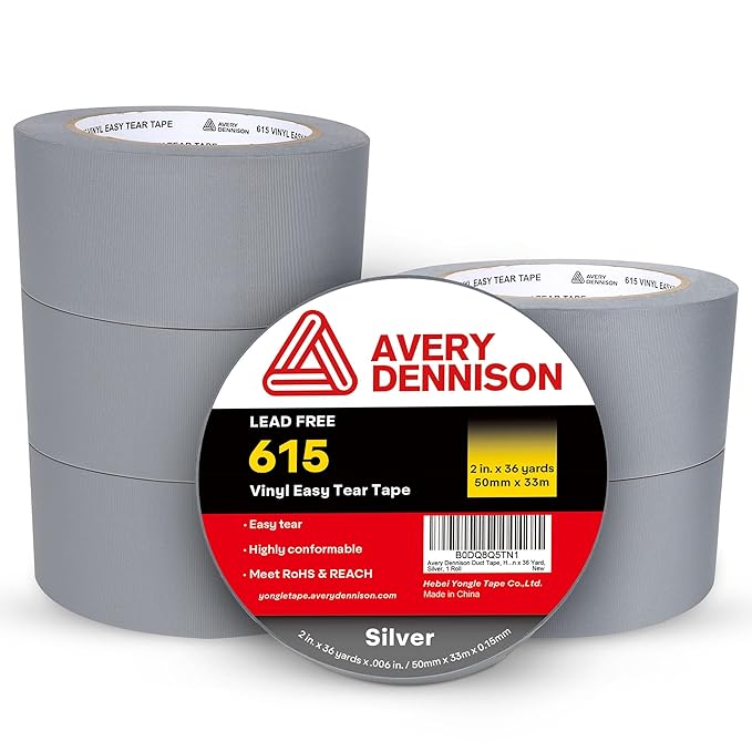 Avery Dennison Duct Tape, Heavy Duty PVC Easy Tear Tape, Strong Adhesive Waterproof Duct Tape for Indoor Outdoor Repairs, 2 in x 36 Yard, Silver, 6 Rolls