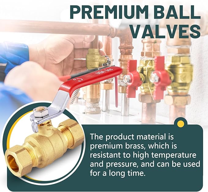 1/2" Ball Valve, 8 Pack Compression Shut Off Valves Red, Quarter Turn Brass Full Port Shut Off Ball Valve for Hot and Cold Water, NSF/ANSI 61 Certified