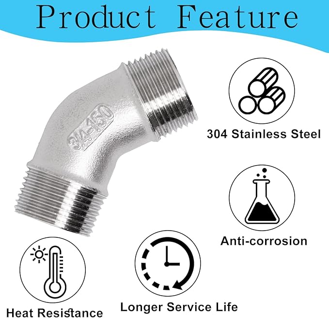 2PCS 304 Stainless Steel 45 Degree Elbow, 3/4" NPT Male Pipe to 3/4" NPT Male Coupler, Heavy Duty Forged Street Elbow Adapter Pipe Fittings, Class 150