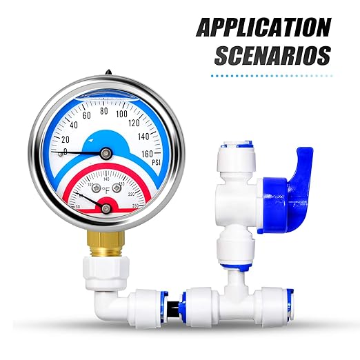 MEANLIN MEASURE 2PCS 0-160Psi Stainless Steel Thermal Pressure Gauge 30-250℉ 1/4" NPT 2.5" FACE DIAL Liquid Filled Pressure Gauge, with 1/2" NPT and 3/8" NPT Hex Bushing, Lower Mount