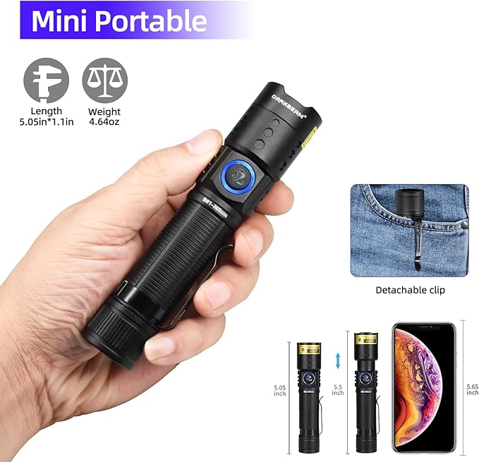 DARKBEAM UV 365nm Flashlight Black Light LED, Ultraviolet Flashlights, Powerful Rechargeable USB -C Woods Lamp, Focusable Water Resistant, Pet Urine & AC Leak Detection, for Curing Resin