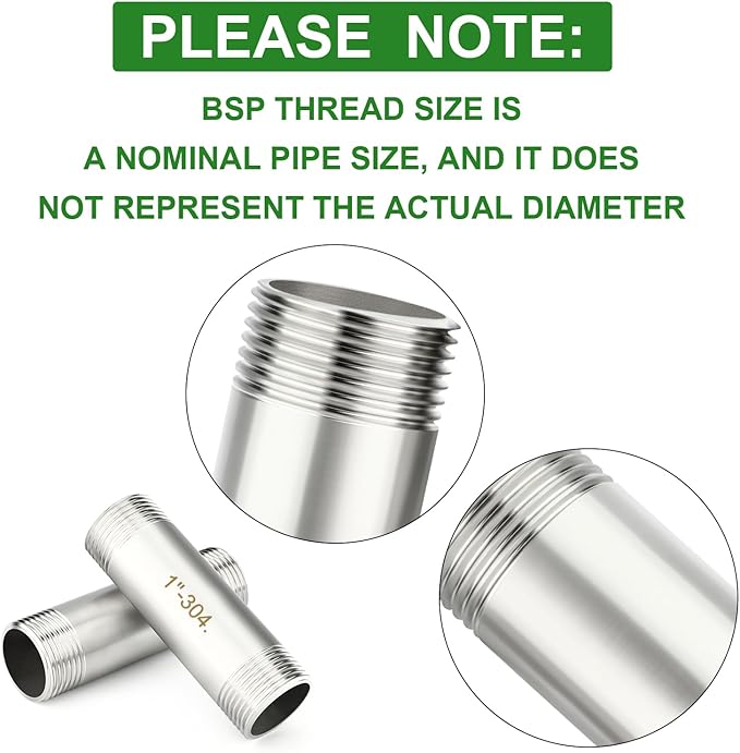 TAISHER 2PCS Stainless Steel Pipe Fittings, 1" BSP Male x 1" BSP Male Threaded, 4" Length Nipple Cast Pipe
