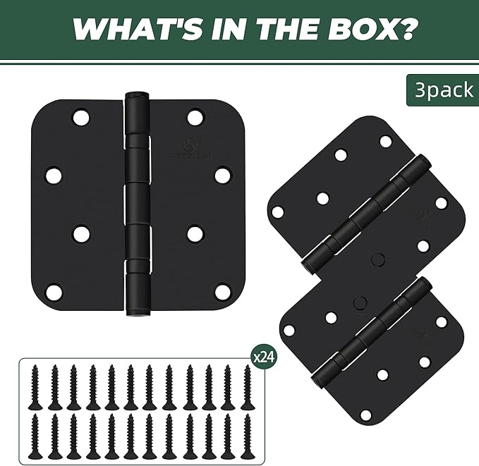 304 Stainless Steel 4 Inch Matte Black Door Hinges 5/8" Radius Corners Interior Hinges 4'' Ball Bearing Door Hinges- 3 Pack