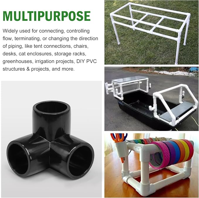 3 Way PVC Pipe Fittings 1/2 Inch, Zernmiarder Black PVC Elbow Corner Side Outlet Tee Fitting, SCH40 Furniture Grade Pipe Connectors - Fits 1/2" Polyvinyl Chloride Pipes, 12 Pieces