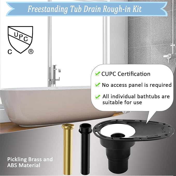 Upgrade Freestanding Tub Drain Rough-in Kit with CUPC Certification, Includes Brass and ABS Pipe, Clean Tub Drain No Leaks. (Patent No US11168467B2)