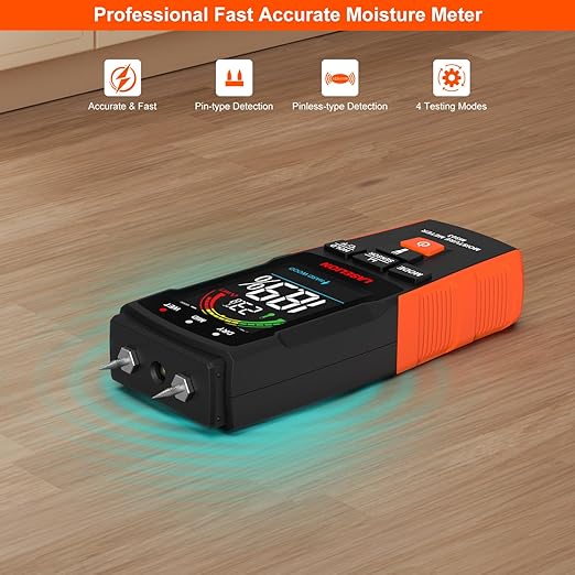 2-in-1 Pin & Pinless Moisture Meter MS03 – Accurate Moisture Detection for Wood, Concrete, Drywall, and More – LCD Display with Hold Function, Flashlight, and Auto Power Off