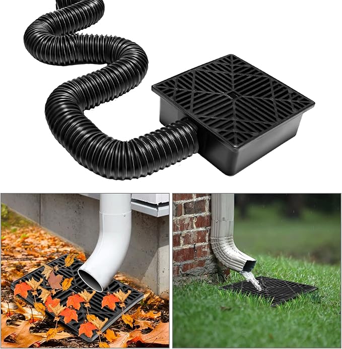 Low Profile Catch Basin Drain Kit Downspout Extender, 9"×9" Catch Basin Gutter Downspout Extensions with 2.56" ID Flexible Pipe, Pipe Stretched Length 5ft, Protect House Foundation