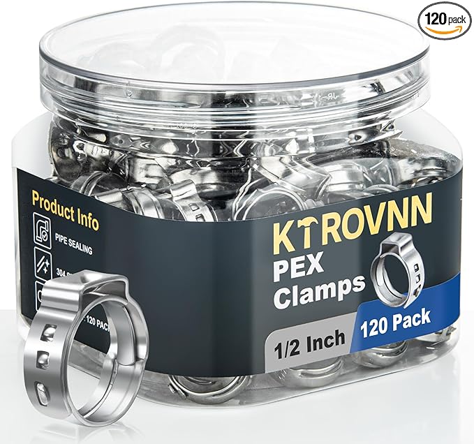 120 Pack 1/2 Inch PEX Cinch Clamps Rings, Heavy Duty 304 Stainless Steel Pex Crimp Rings, Thickened Single Ear Hose Clamps for PEX Tubing Pipe Fitting Connections