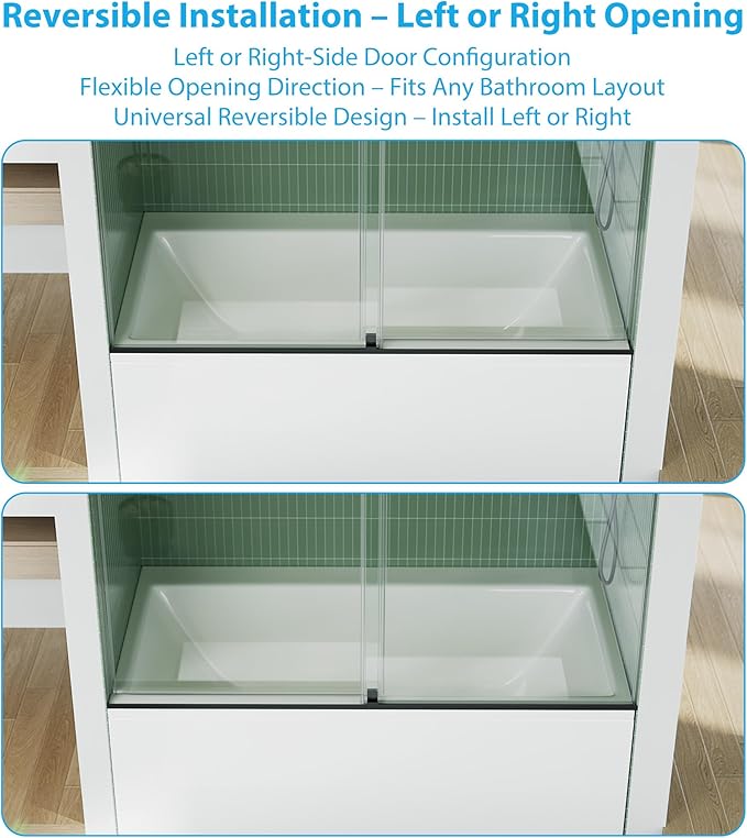 Frameless Double Sliding Shower Door - 56 to 60 Inch Adjustable Width x 59 Inch Height, 1/4" (6mm) Clear Tempered Glass with Easy-Clean, Space-Saving Bypass Design, Matte Black Finish for Bathroom