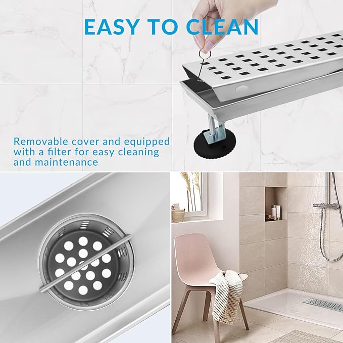 28 Inch Removable Cover Linear Shower Drain 304 Stainless Steel Rectangular Floor Drain for Kitchen Bathroom Square Hole Pattern Drain with Accessories Hair Strainer Adjustable Leveling Feet (Silver)