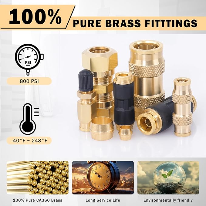 CheeMuii 60 PCS Brass DOT Air Line Fittings Kit DOT Push Lock and Compression Air Fittings Brass Quick Connect Straight Union 1/8" 5/32" 1/4" 3/8" 1/2" 5/8" 3/4" Air Hose Fittings Assortment
