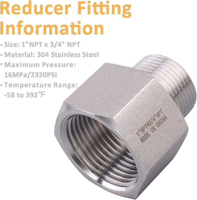 Forged Reducer Adapter Fitting - Stainless Steel 304 Reducing Pipe Connector, 1" NPT Female x 3/4" NPT Male (pack of 2)
