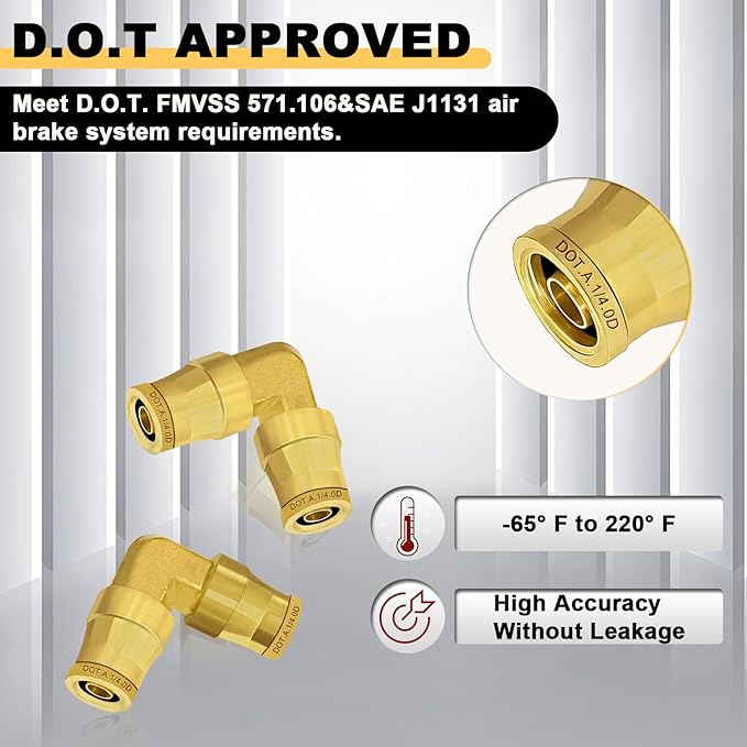 Siptenk 3PCS 1/4" Elbow DOT Brass Push to Connect Fittings, Air Brake Line Quick Connect for Truck Trailers Industry Air System