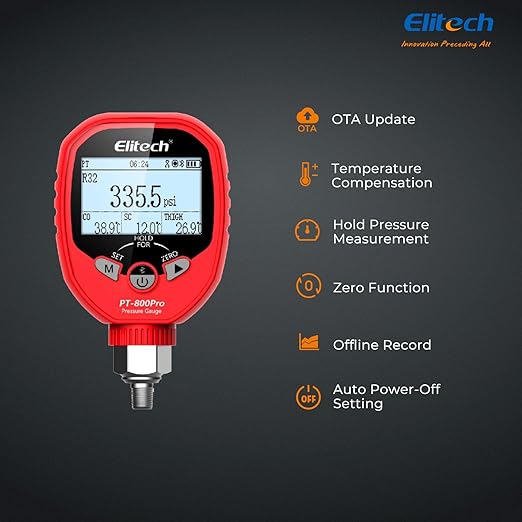 Elitech PT-800Pro Digital Pressure Gauge – High Pressure HVAC Refrigeration Manifold Gauge with Bluetooth, Temperature Clamp, and Leak Detection