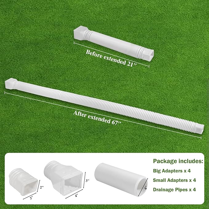 4 Pack Flexible Gutter Downspout Extensions Extendable from 21" to 67", Downspout Extender Comes with Adapters, Thickened Down spout Drain Extension for Rainwater Drainage(White)