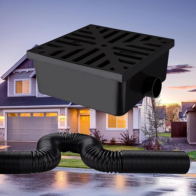 Catch Basin Downspout Extender, Gutter Downspout with Flexible Pipe, No Deep Dig Low Profile Catch Basin 10"×10" Protect House Foundation