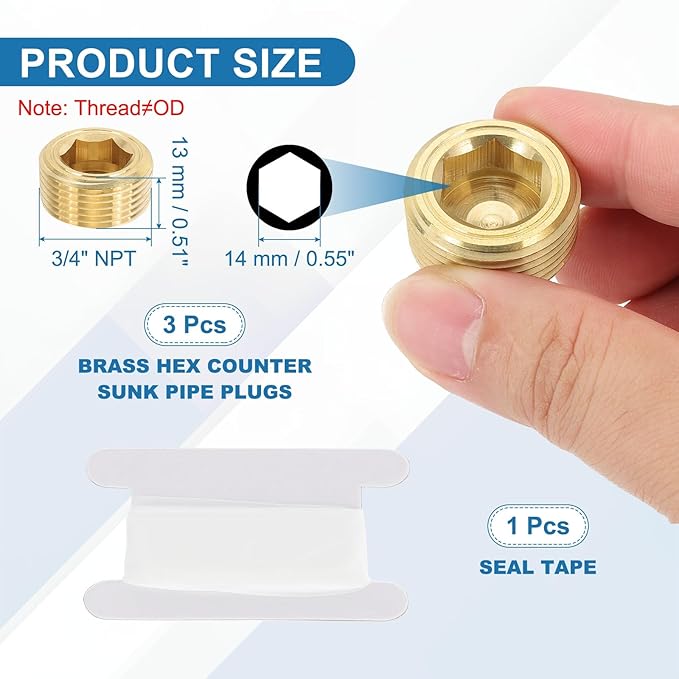 PATIKIL 3/4" NPT Male Pipe Plug Fitting, 3Pcs Brass Hex Counter Sunk Plug Brass Male Connector Socket for Closing the End of Pipe Industrial Machinery Fittings