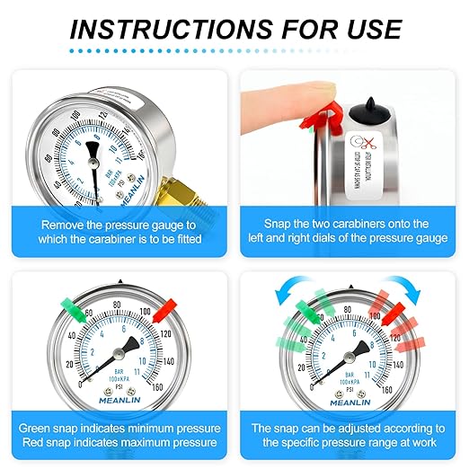 MEANLIN MEASURE 0~160Psi Dry Pressure Gauge Stainless Steel 1/4" NPT 2" FACE DIAL Waterproof for Air Compressor RV Regulator Water Pressure Tester Lower Mount (with 2PCS Snaps)