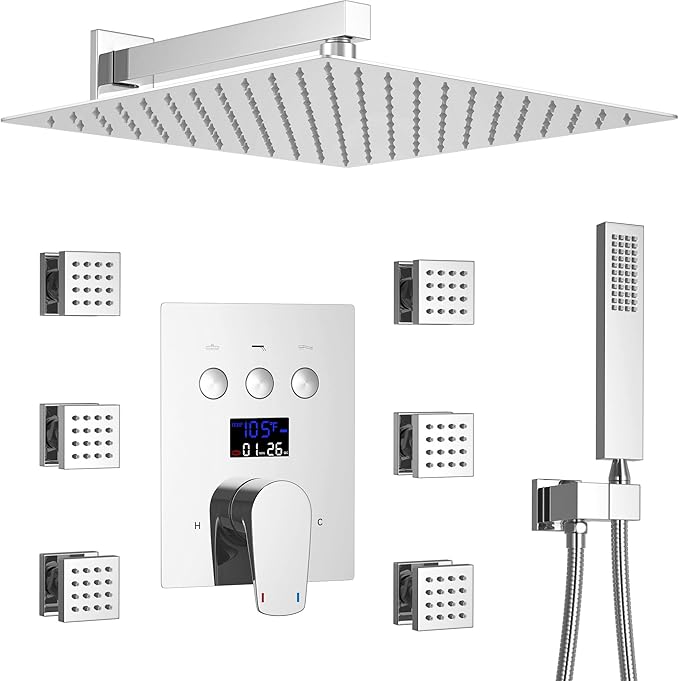 Temperature Display Rain Mixer Shower Faucet Set with 6 pcs Body Jets 12 inch Square Rainfall Shower Head with Handheld Spray Wall Mounted Rough-in Valve and Trim Included,Chrome