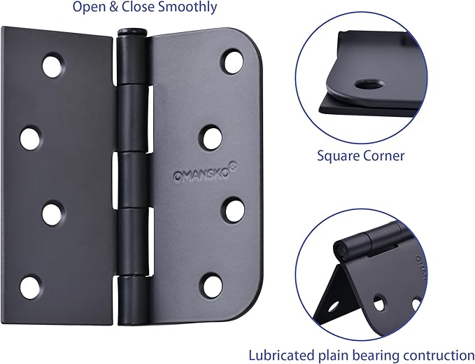 4 x 4 Inch Black Door Hinges, 18 Pack Matte Black Hinges for Interior Doors Heavy Duty Hinges with Square and 5/8" Radius Corner