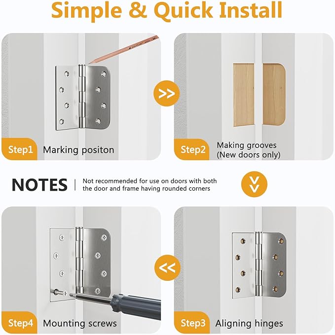 3 Pack Brushed Nickel Door Hinges 4 Inch, Exterior Door Hinges with Square & 5/8" Radius, Removable Pin, Perfect for Heavy-Duty Front & Back Door, Antirust & No Squeaks