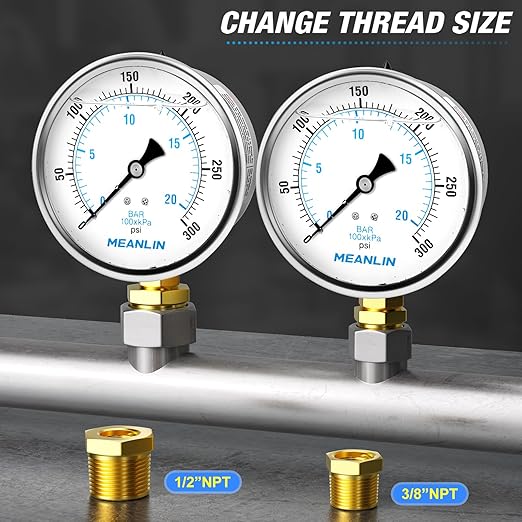 MEANLIN MEASURE 0~300Psi Stainless Steel 1/4" NPT 4" FACE DIAL Liquid Filled Pressure Gauge WOG Water Oil Air Lower Mount, with 1/4" x 1/2" NPT and 1/4" x 3/8" NPT Hex Bushing