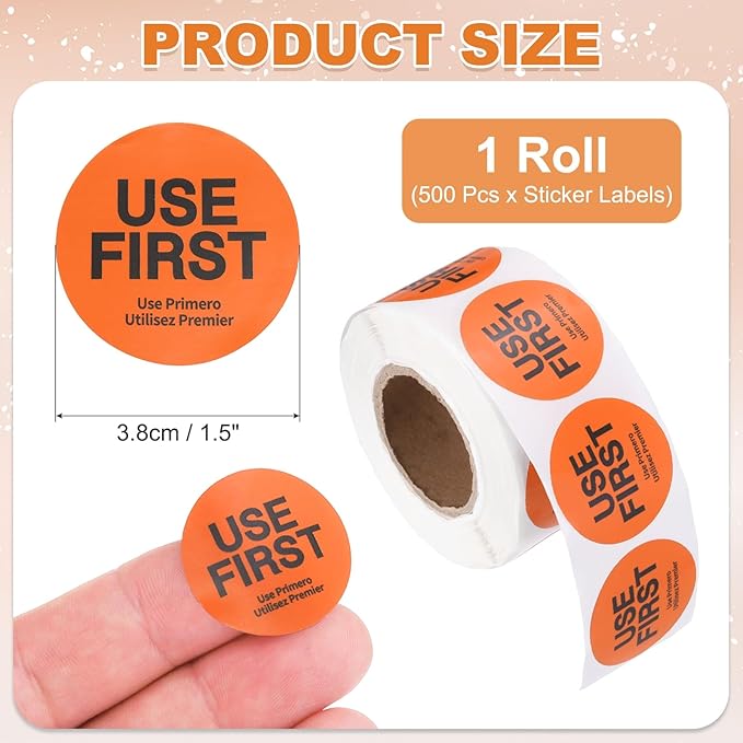 PATIKIL 500 Pcs USE First Stickers, 1.5 inch Round Use First Stickers Food Service Circle Inventory Control Adhesive Labels for Food Service Kitchen Restaurants Retail Storage Date, Orange