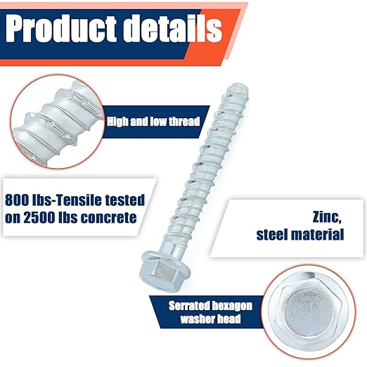 Tandefio 40 Pack 1/2 x 4 Concrete Screw Anchors Galvanized Large Diameter Heavy Duty Plated Concrete Anchors for Masonry Brick Anchoring Block Decking Framing Hex Drive