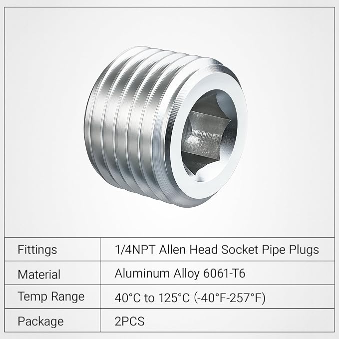 EVIL ENERGY 1/4" NPT Plugs Aluminum Socket Allen Head Silver, Pack of 2