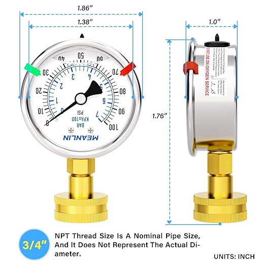 MEANLIN MEASURE 0~100Psi Stainless Steel Frame 3/4" Female 2.5" FACE DIAL Liquid Filled Pressure Gauge WOG Water Oil Air Water Pressure Test Table with Sealing Ring (with 2PCS Snaps)