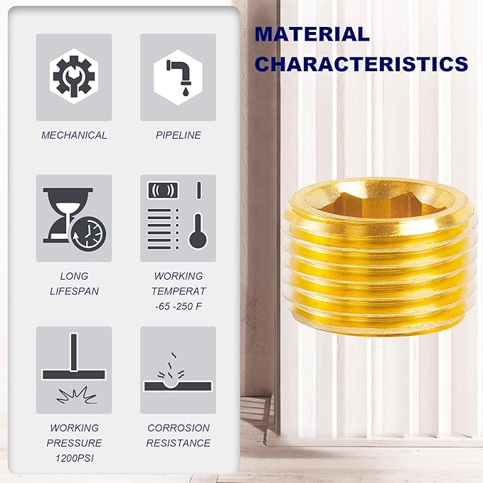 ChillWaves Brass Pipe Fitting, Internal Hex Head Socket Pipe Plug Fitting 3/8" NPT Male Thread Adapter(12-PACK)