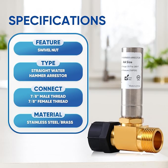 (1-Pack) SECKWHALE Stainless Steel Water Hammer Arrestor, 7/8" Female Swivel Ballcock Nut X 3/4" Male Thread, Reduce Banging Noise in Toilets and Pipes, Tee, Toilet