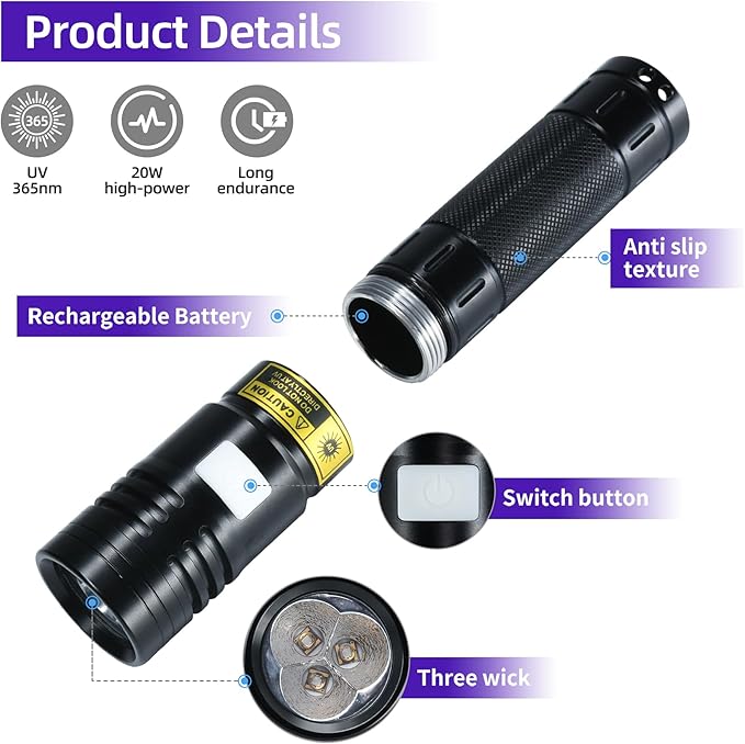 DARKBEAM Flashlight UV 365nm Black Light High Power 3 LEDs USB -C Rechargeable, 20W Mini Woods Lamp Ultraviolet with Filter - Detector for Pet Urine, Uranium Glass - Leak Detection - Resin Curing