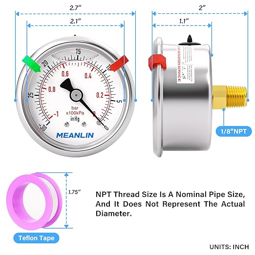 MEANLIN MEASURE -30inHG~0Psi Vacuum Pressure Gauge 1/8" NPT 2.5" FACE DIAL, Stainless Steel Liquid Filled Pressure Gauge WOG Water Oil Air Center Back Mount (with 2PCS Snaps)