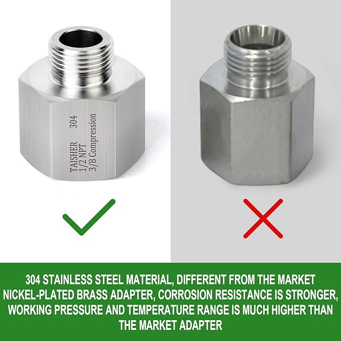 TAISHER 2PCS 304 Stainless Steel Water Hose Adapter 1/2" NPT × 3/8" Compression Pipe Fitting for kitchen bathroom faucet supply line adapter with rubber gasket
