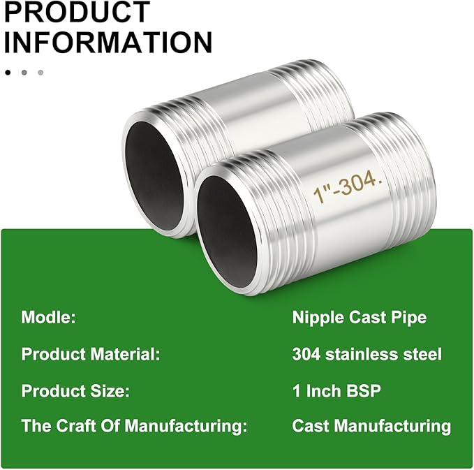 TAISHER 2PCS Stainless Steel Pipe Fittings, 1" BSP Male x 1" BSP Male Threaded, 2" Length Nipple Cast Pipe