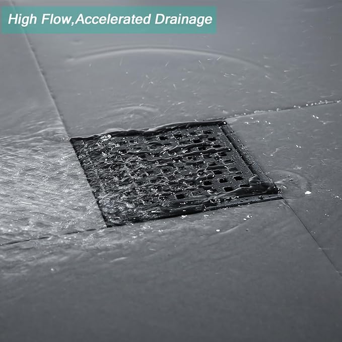 6 Inch Square Shower Floor Drain with Flange,Matte Black SUS 304 Stainless Steel Shower Drain Kit Floor Drain,Removable Grid Grate, Hair Strainer ﻿
