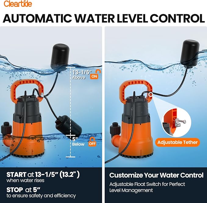 Cleartide Submersible Sump Pump with Tethered Float Switch, 1/4 HP Utility Water Pump,100% Copper Motor, Electric Drain Pump Handles 1/8" Solids, 10 FT Cord