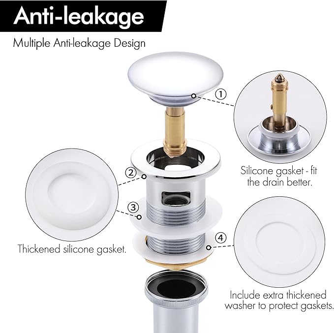 KES Bathroom Sink Drain Pop Up Drain with Overflow, Sink Stopper All Metal Rustproof Polished Chrome, Brass and SUS304 Stainless Steel, S2008S62A-CH