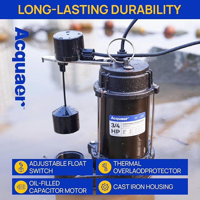 Acquaer 3/4HP Sewage Pump Submersible, 6400 GPH Cast Iron with Automatic Integrated Vertical Float Switch and Piggyback Plug, 2'' NPT Discharge Basements Pump for Wastewater, Sewer