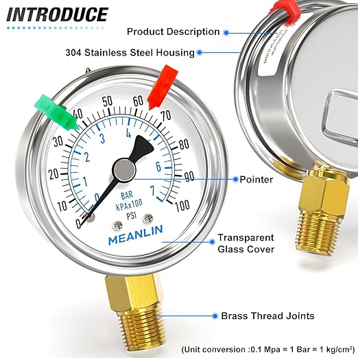 MEANLIN MEASURE 0~100Psi Dry Pressure Gauge Stainless Steel 1/4" NPT 2" FACE DIAL Waterproof for Well Pump Water Tire Water Pressure Tester Lower Mount (with 2PCS Snaps)