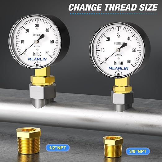 MEANLIN MEASURE 0-60 in H2O Diaphragm Type Capsule Low Pressure Gauge 1/4" NPT 2-1/4" FACE DIAL Adjustable Water Column Gauge, with 1/4" x 1/2" NPT and 1/4" x 3/8" NPT Hex Bushing, Lower Mount
