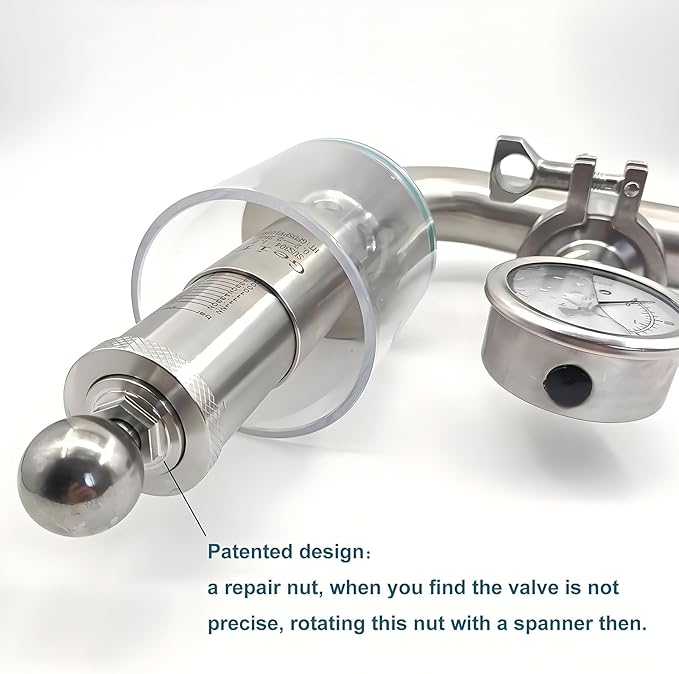 1.5" Tri Clamp Spunding Valve with TC Diaphragm Pressure Gauge, SS304 Stainless Steel, 0.2-2.2 bar/psi Adjustable Pressure Release