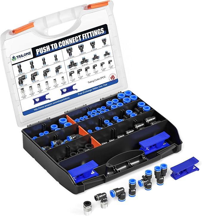TAILONZ PNEUMATIC 1/4"3/8"1/2"1/8" Push to Connect Fittings Air Hose Fittings,Threaded Connection Kits, Suitable for Nylon Tube PU Tube Air Tube and Other Connection Kits（Pack of 98）