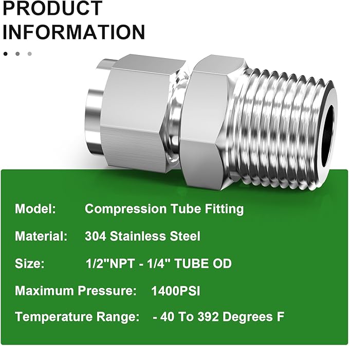 TAISHER 2PCS 304 Stainless Steel Compression Tube Pipe Fitting Connector, 1/4" Tube OD x 1/2" NPT Male Straight Adapter
