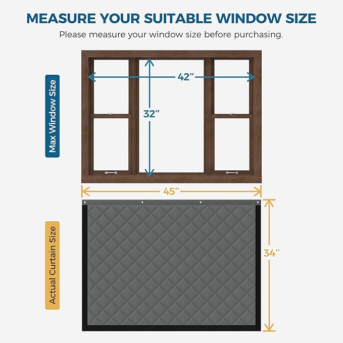 Window Insulation for Winter, Curtain Size 45 x 34 Inch, Thermal Insulated Window Cover Kit, Oxford Cloth Thick Cotton Filled, Fits up to 42'' × 32'' Windows, Grey