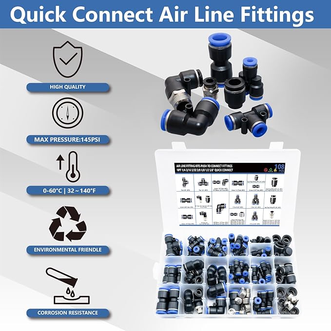 108 Pcs Quick Connect Air Hose Fittings Kit - 1/8" to 1/2" NPT Thread Push To Connect Fittings for Workshops