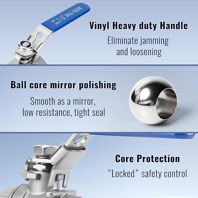 2 Pack 1-1/4" Ball Valves NPT Female Valve 304 Stainless Steel Full Port Locking Ball Valve Handle, Heavy Duty Shut Off Valve for Home and Industrial (1-1/4 Inch)