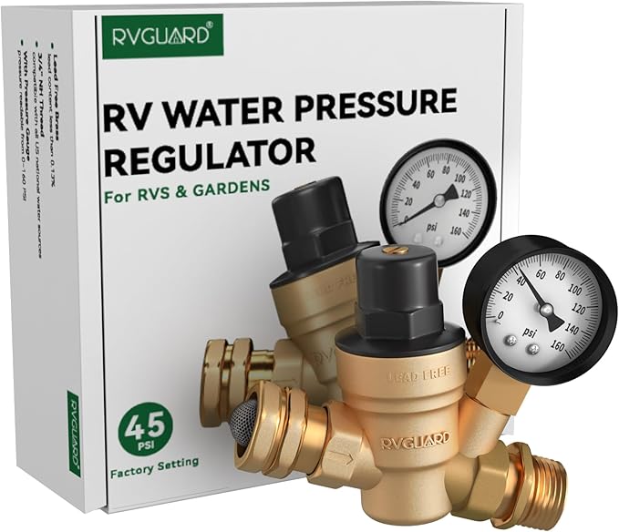 RVGUARD RV Water Pressure Regulator Valve, Brass Lead-Free Adjustable Water Pressure Reducer with Gauge and Inlet Screen Filter for RV Camper Travel Trailer